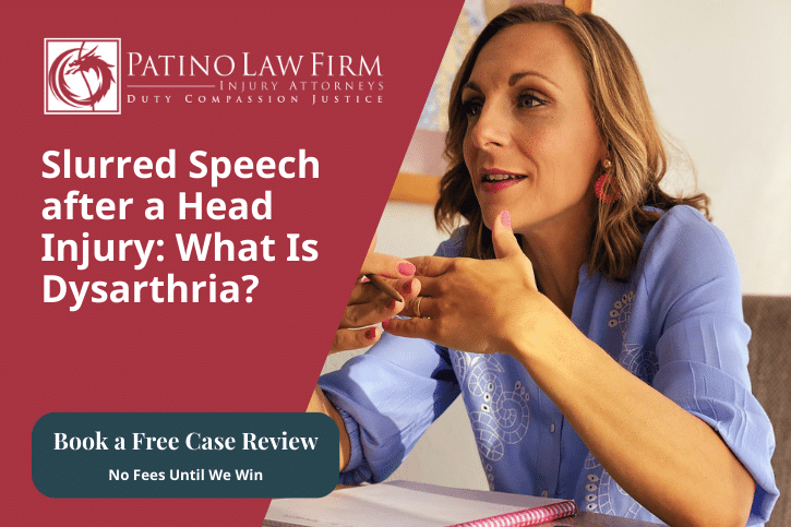 Featured image for a blog post about dysarthria — or slurred speech after a head injury — plus a call to action to call the McAllen and San-Antonio-based personal injury law firm.