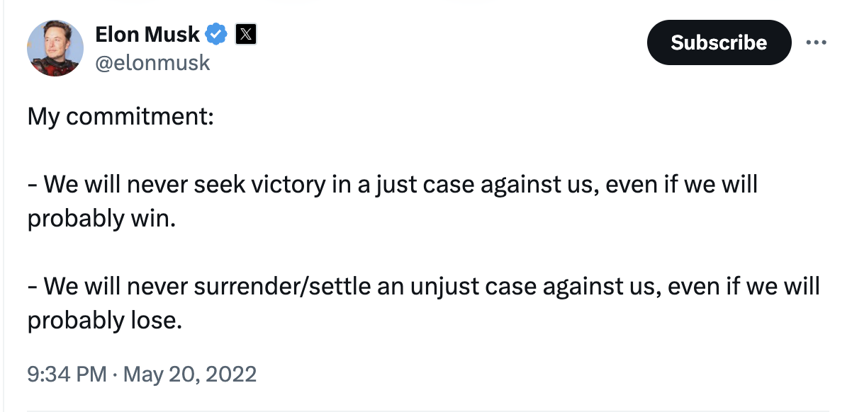 Image of a Tweet posted by Elon Musk on Twitter/X emphasizing that Tesla would never settle an unjust claim.